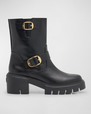 Stuart Weitzman Soho Calfskin Buckle Moto Booties