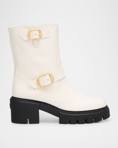 Stuart Weitzman Soho Calfskin Buckle Moto Booties