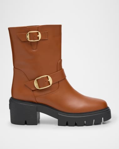 Stuart Weitzman Soho Calfskin Buckle Moto Booties