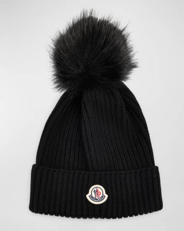 Moncler Ribbed Wool Beanie W/ Faux Fur Pom, Size S-L