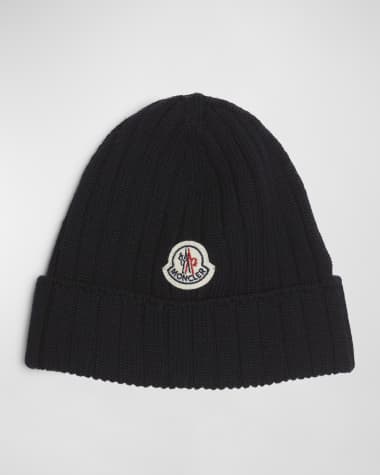 Moncler Girl's Ribbed Wool Beanie with Logo Patch, Size XXXS-XS