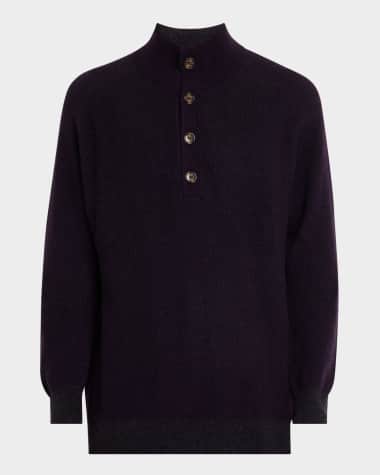 Neiman Marcus Men's Cashmere Rib Quarter-Placket Polo Sweater