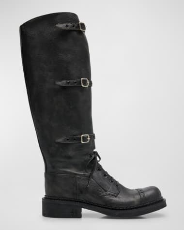 Miu Miu Antic Buckle Distressed Leather Knee-High Boots