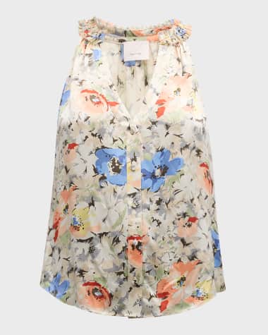 Cinq a Sept Jessie Sleeveless Floral Silk V-Neck Top