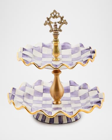 MacKenzie-Childs Plum Check Fluted Ceramic Two-Tier Sweet Stand