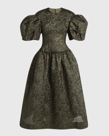 Simone Rocha Metallic Cloqué Puff-Sleeve Sculpted Corset Maxi Dress