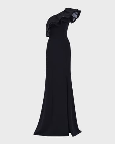 Tadashi Shoji One-Shoulder Ruffle Crepe Gown