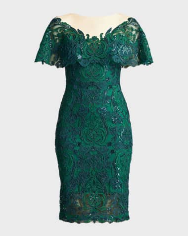 Tadashi Shoji Illusion Sequin Lace Capelet Dress