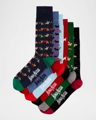 Neiman Marcus Men's Dog Holiday 6-Pack Crew Socks