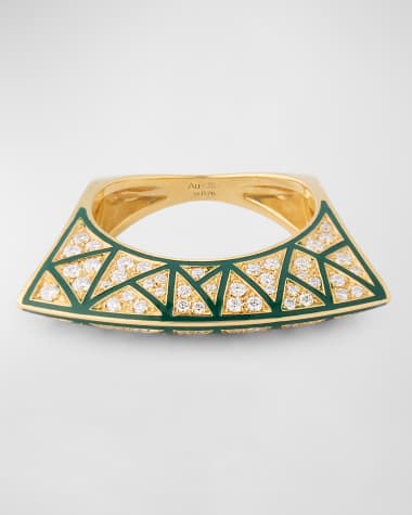 Dries Criel 18K Yellow Gold White Diamond and Green Enamel Lotus Ring with Cross Pattern