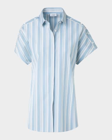 Akris punto Striped Poplin Short-Sleeve Button-Shoulder Blouse