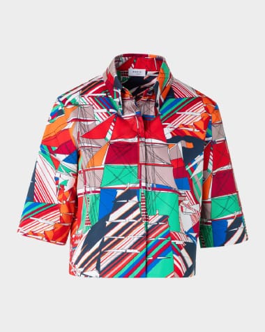 Akris punto Sea Clipper Print Boxy Cotton Satin Blouse