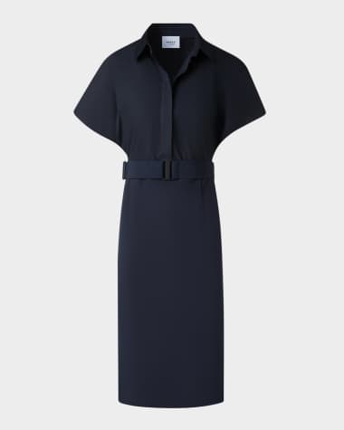 Akris punto Mixed-Media Belted Cap-Sleeve Shirtdress