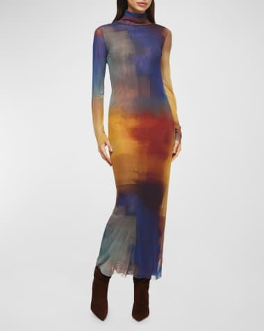 MISA Los Angeles Liv Ombré Mesh Turtleneck Long-Sleeve Midi Dress