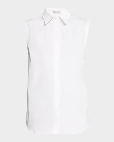 Brunello Cucinelli Cotton Poplin Button-Front Shirt with Monili Collar