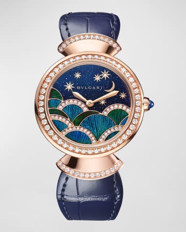 BVLGARI Divas' Dream 33mm Rose Gold Aventurine Watch with Diamonds and Blue Alligator Strap