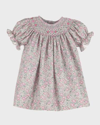 Luli & Me Girl's Micro Floral-Print Smocked Bishop Dress, Size 4T-6