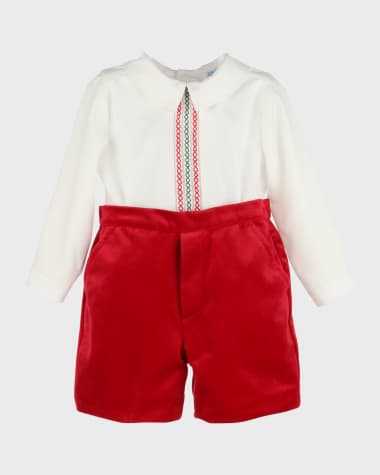 Luli & Me Boy's Embroidered Top & Velvet Shorts Set, Size 6M-24M