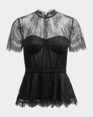 SIMKHAI Kehlani Sheer Lace Short-Sleeve Peplum Bustier Top