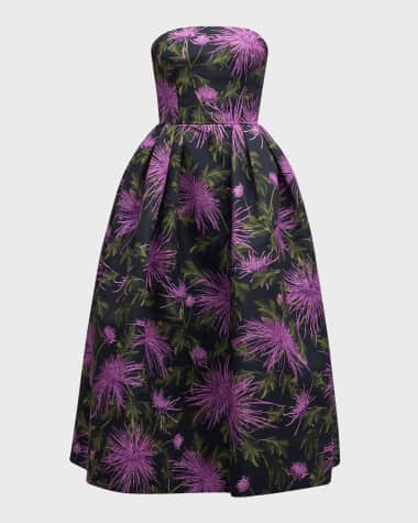 Oscar de la Renta Strapless Chrysanthemum Faille Printed Gown
