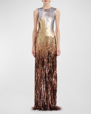 Oscar de la Renta Sleeveless Ombre Sequin Fringe Embroidered Gown