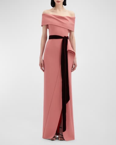 Oscar de la Renta Off-The-Shoulder Draped Slit Column Gown