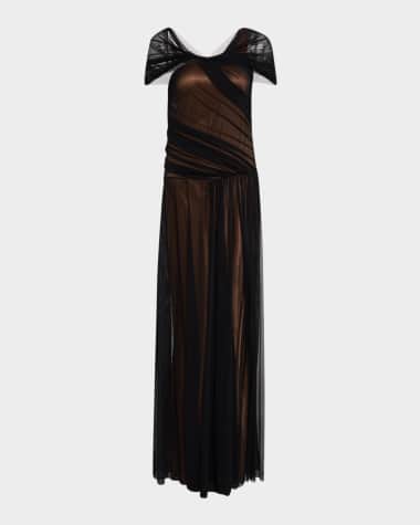Alberta Ferretti Mesh Off-The-Shoulder Satin Gown