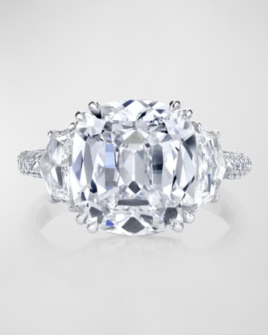 Neiman Marcus Diamonds Platinum 3 Stone Ring with Large Cushion Cut Diamond, Trapezoid Sides, 3 Row Micro Pave Shank and Diamond Basket, Size 6.5, 14.06tcw