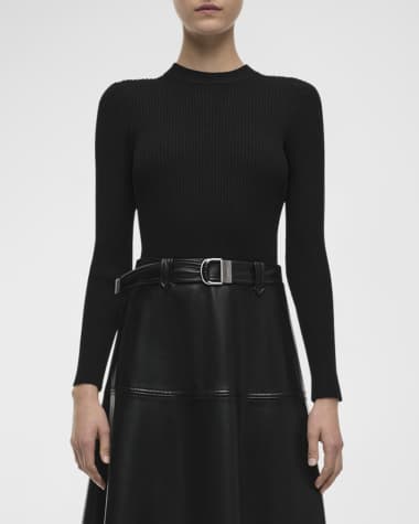 SIMKHAI Ulyssia Belted Knit and Faux-Leather Combo Midi Dress