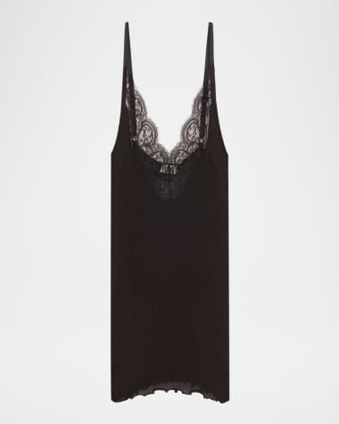 Saint Laurent Ribbed Knit Tank Top with Lace Detail