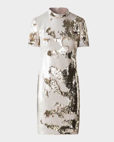 Akris Mock-Neck Short-Sleeve Sequin Mini Dress