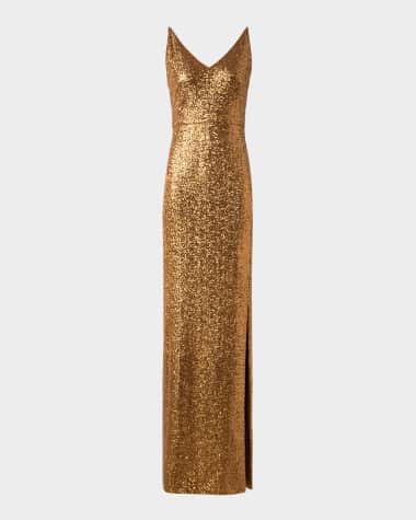 Akris V-Neck Stretch Paillette Jersey Slit Gown