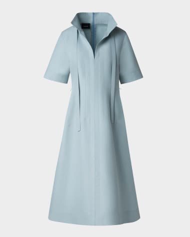 Akris Collared Short-Sleeve Cotton Poplin A-Line Midi Shirtdress