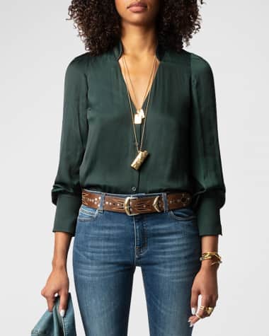 Zadig & Voltaire Tinous Split-Neck Bishop-Sleeve Satin Blouse