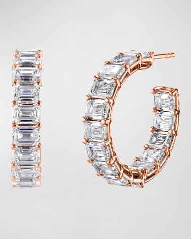 Neiman Marcus Diamonds 18K Gold East-West Emerald-Cut Diamond Hoop Earrings, 10tcw/0.75"L