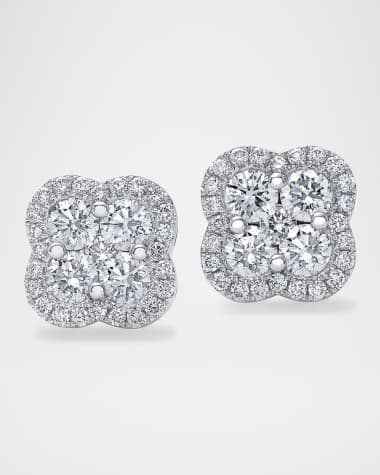Neiman Marcus Diamonds 18K Gold Diamond Clover Halo Stud Earrings, 1.9tcw, 0.41" / 0.41"W