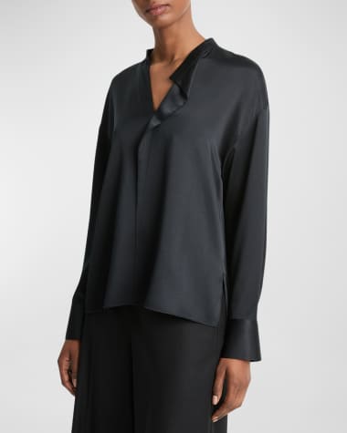 Vince Draped Stand-Collar Long-Sleeve Silk Blouse