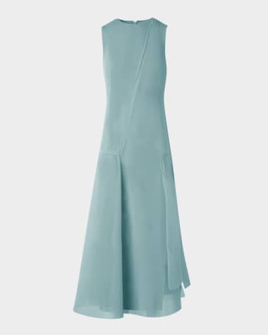 Akris Asymmetric Sleeveless Pleat Techno Midi Dress