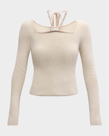 RECTO Beaded Long-Sleeve Shearling Top