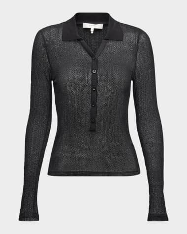 FRAME Sheer Mesh Lace Polo Top