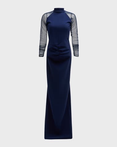Chiara Boni La Petite Robe Ruched Illusion-Sleeve Column Gown