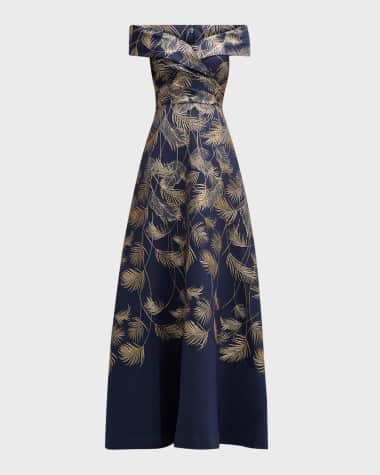 Rickie Freeman for Teri Jon Off-Shoulder Metallic Jacquard Gown