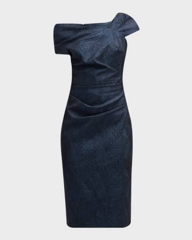Rickie Freeman for Teri Jon Ruched One-Shoulder Metallic Jacquard Dress