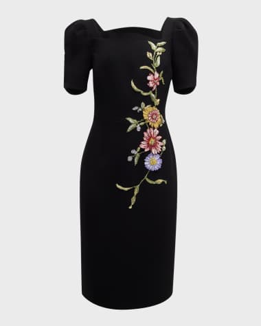 Rickie Freeman for Teri Jon Puff-Sleeve Floral Applique Dress