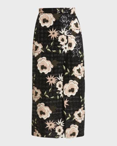 Elie Saab Floral Embroidered Paillette Tweed Midi Wrap Skirt