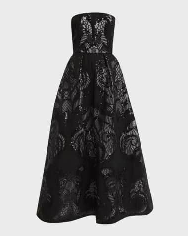 Elie Saab Strapless Sequin Lace Embroidered Tulle Midi Dress
