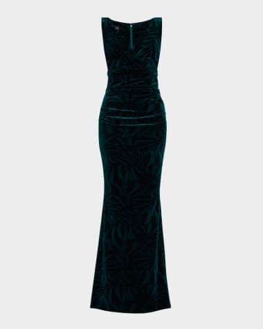 Talbot Runhof Palm Leaf Velvet Sleeveless Gown