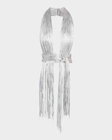AREA Metallic Fringe Knotted Halter Crop Top