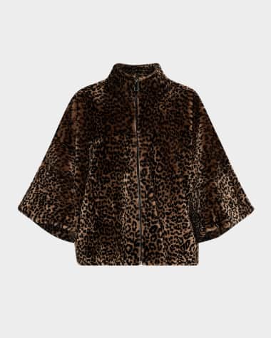 Gorski Leopard-Print Shearling Lamb Zip Jacket With Cropped Sleeves
