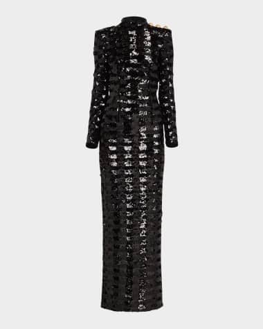 Balmain Three-Button Sequin Embroidered Backless Gown